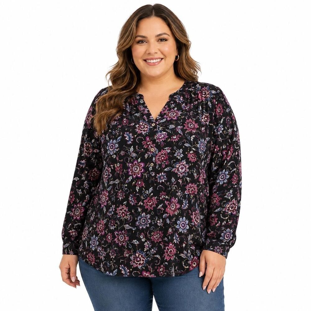 Lane Bryant Tunic Blouse Womens 20 Multicolor Floral V Neck Long Sleeve Top